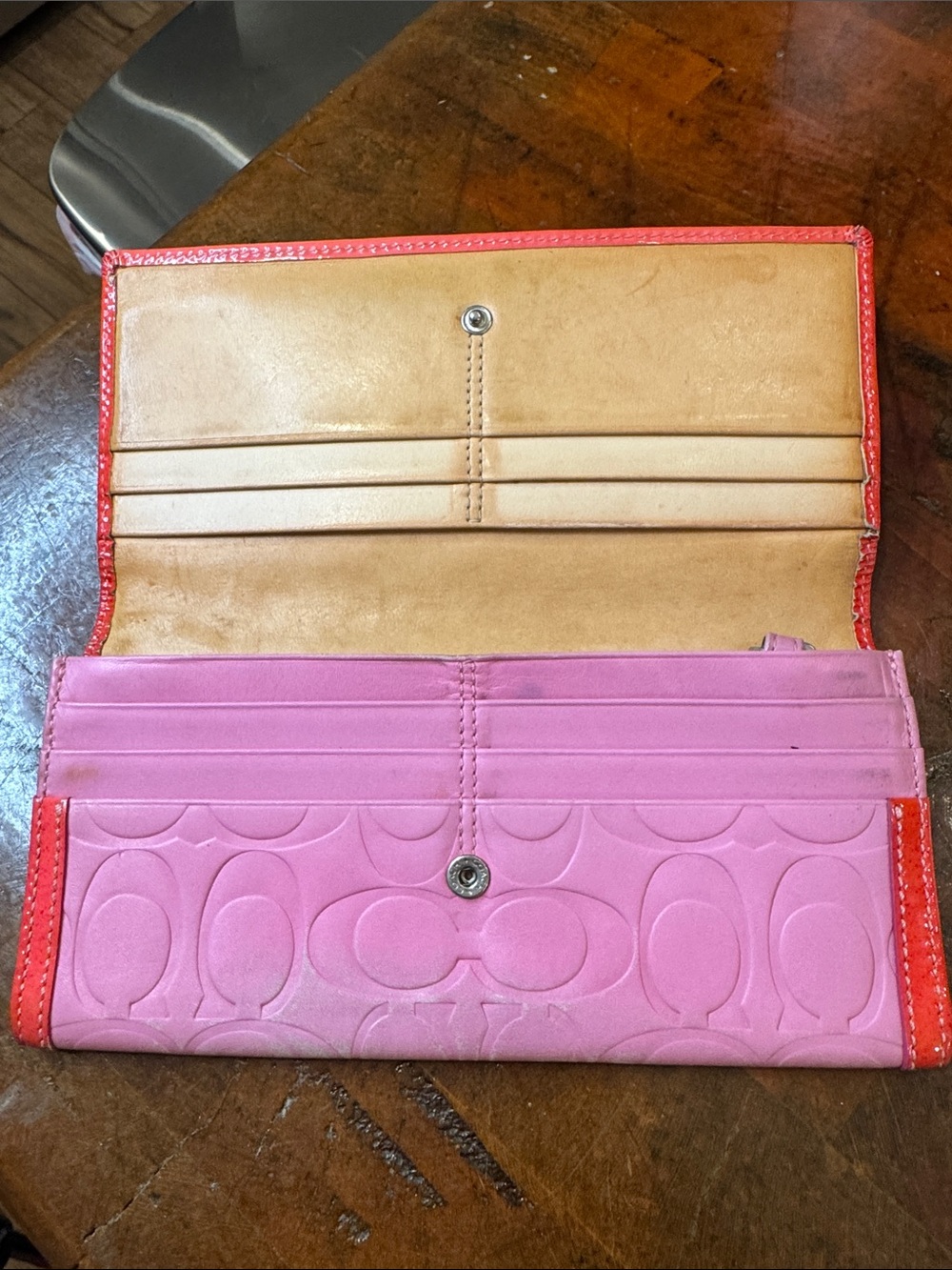 Coach Pink Signature Leather Continental Wallet with Orange Trim - Picture 10 of 14